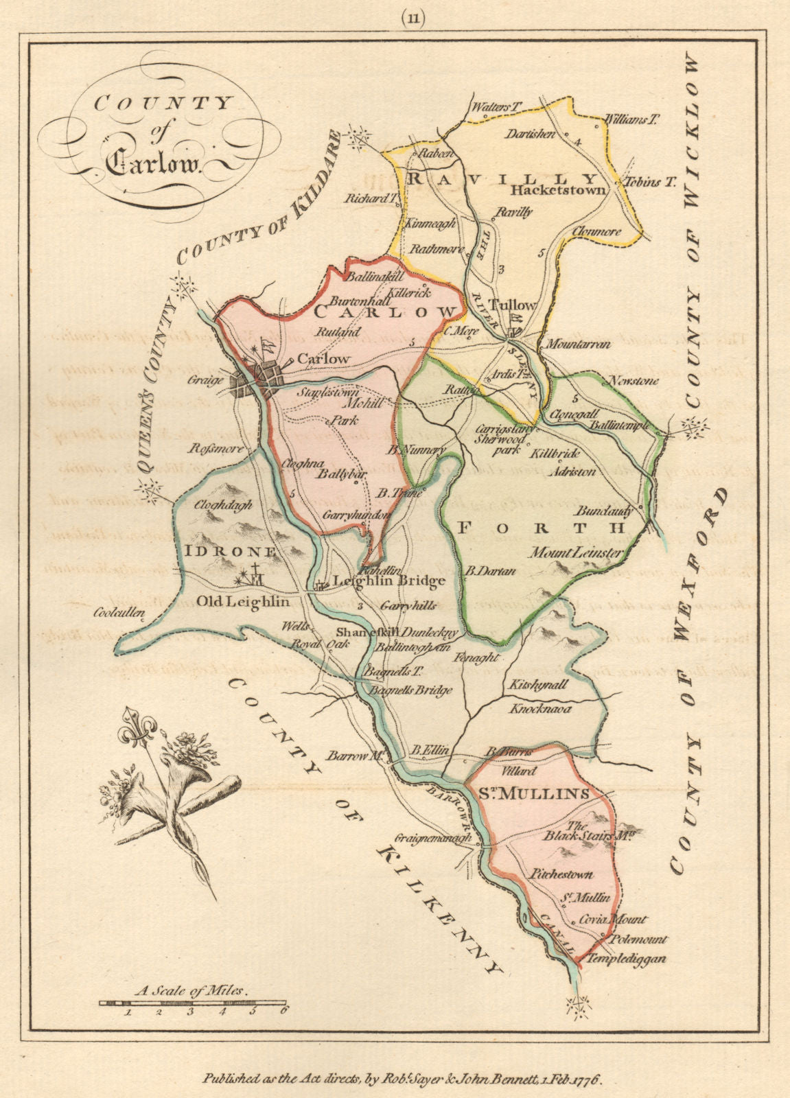 County of Carlow, Leinster. Antique copperplate map by Scalé / Sayer 1776